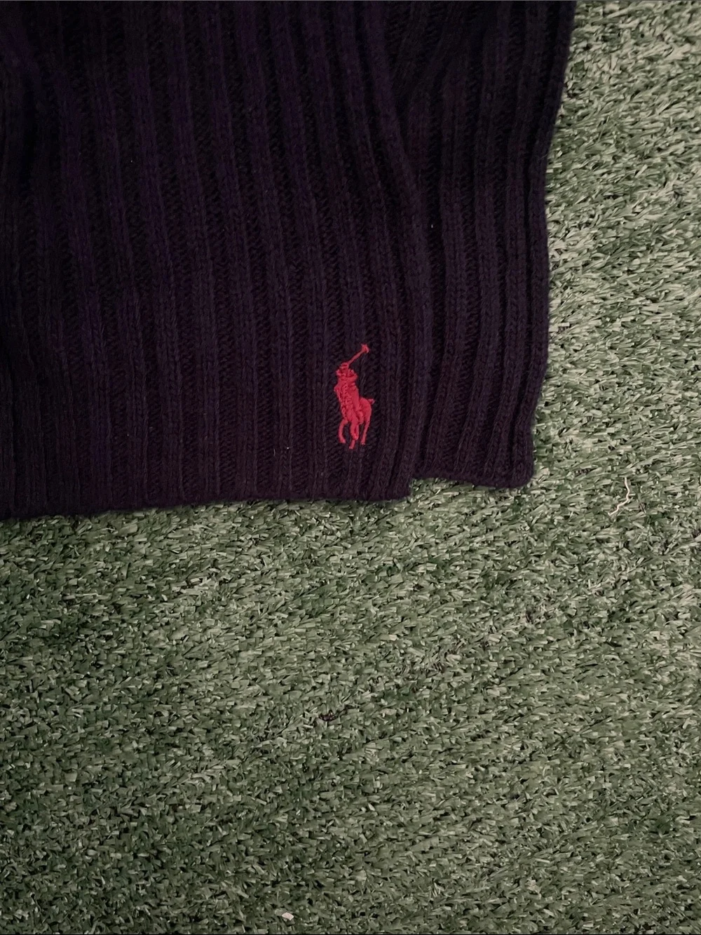 Ralph Lauren Navy Ribbed Knit Scarf with Red Polo Embroidery